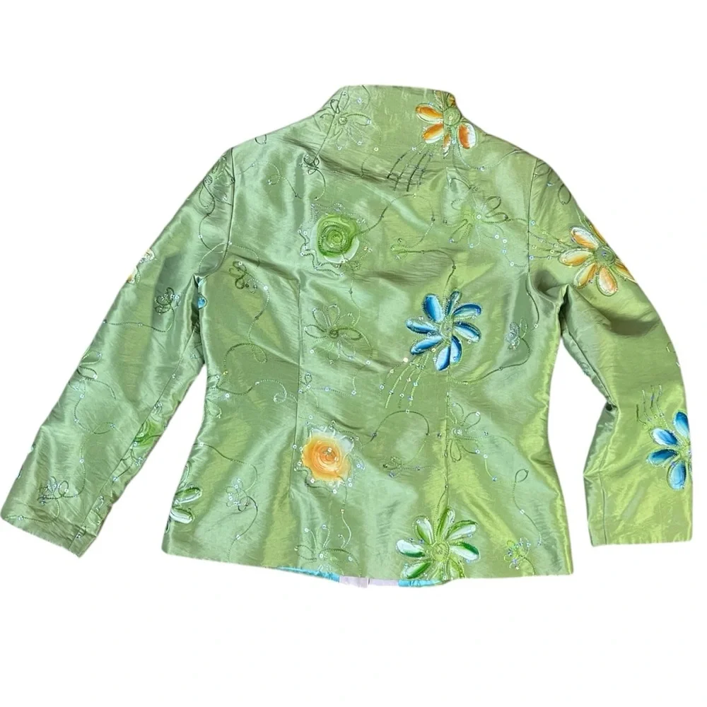 Art to wear Embroidered Floral Satin Jacket Beaded Mandarin Collar Pastel Green‎